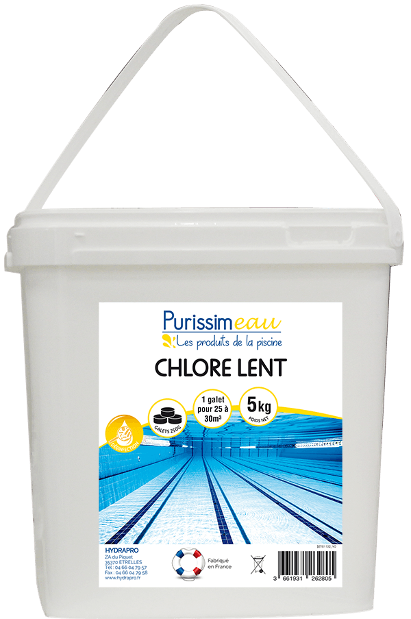 Chlore Lent Piscine seau 25kg Galet 250