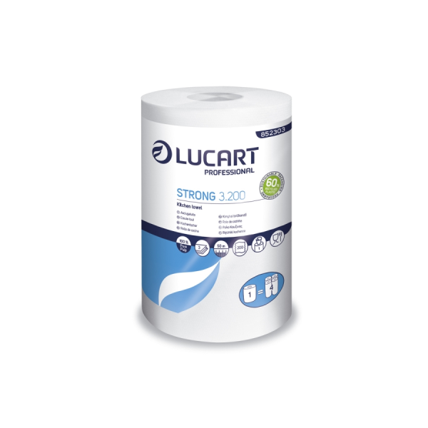 Essuie-tout professionnel 3 plis Lucart Strong 3.200 – Ultra absorbant et résistant  - Lot de 8 rouleaux Bobines d'essuyage